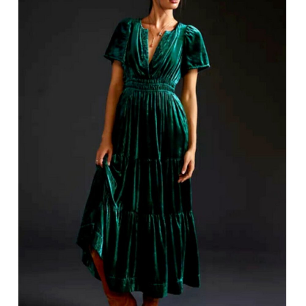 Anthropologie M NWT Somerset Velvet Edition Maxi Dress Tiered Green Medium